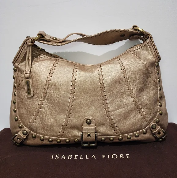 Isabella Fiore Whisplash Audra Studded Gold Leather Hobo Bag
